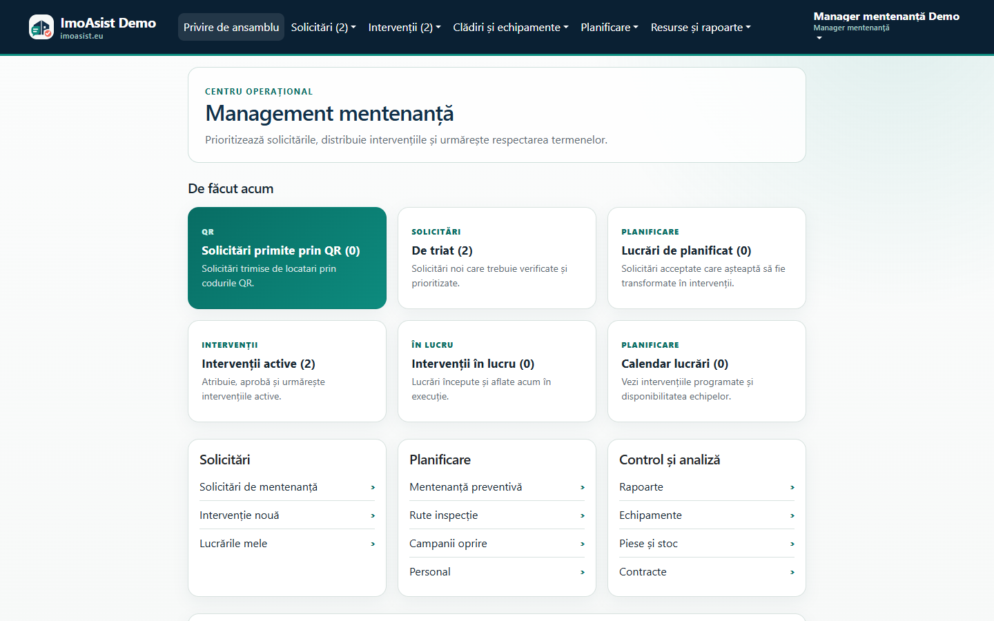 Dashboardul ImoAsist pentru managerul de mentenanță